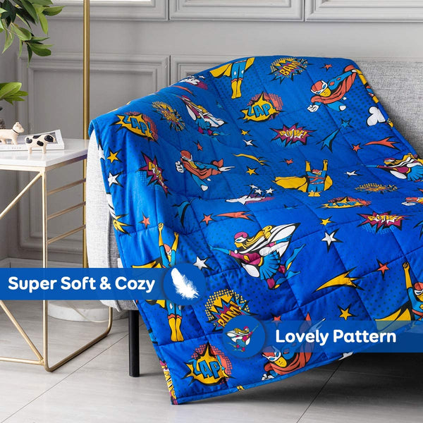 🛌 Kids Weighted Blanket | 100% Cotton | Premium Glass Beads | Calming Sleep Support for Children 30-60 lbs | Royal Blue Superhero or Pink Animals | 48” x 36” (Patterns May Vary)