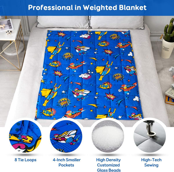 🛌 Kids Weighted Blanket | 100% Cotton | Premium Glass Beads | Calming Sleep Support for Children 30-60 lbs | Royal Blue Superhero or Pink Animals | 48” x 36” (Patterns May Vary)